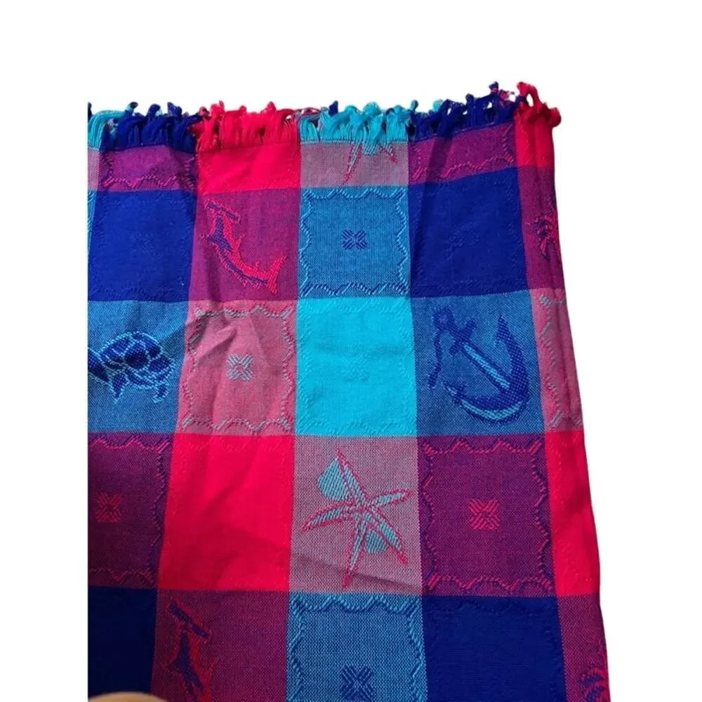 Mexican multicolor squares fringed tablecloth / bedspread Nautical Ocean 58 x 84